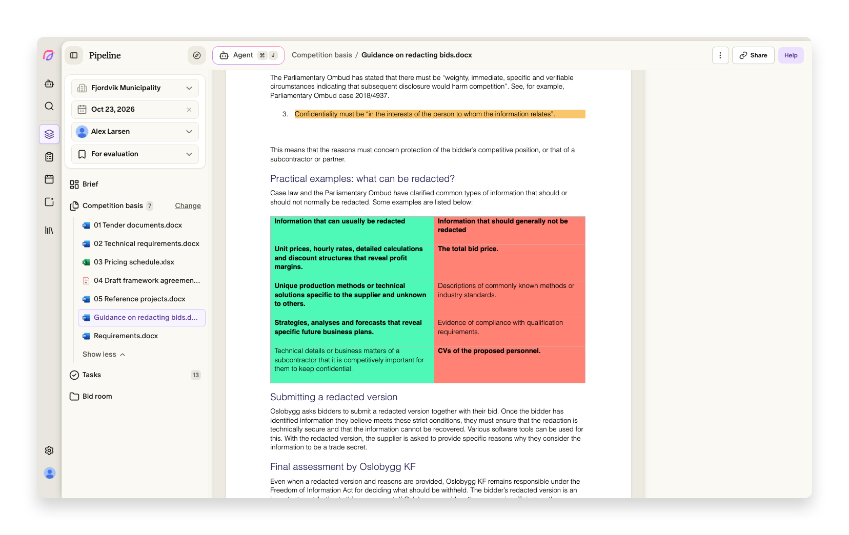 Guidance on redacting bids with highlights and a table in Cobrief's document viewer