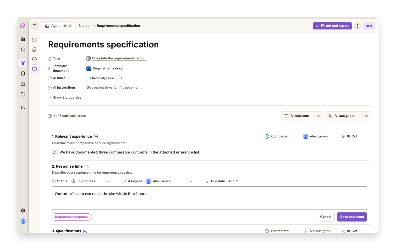 Template text fields with their own status, assignee, deadline and overall progress