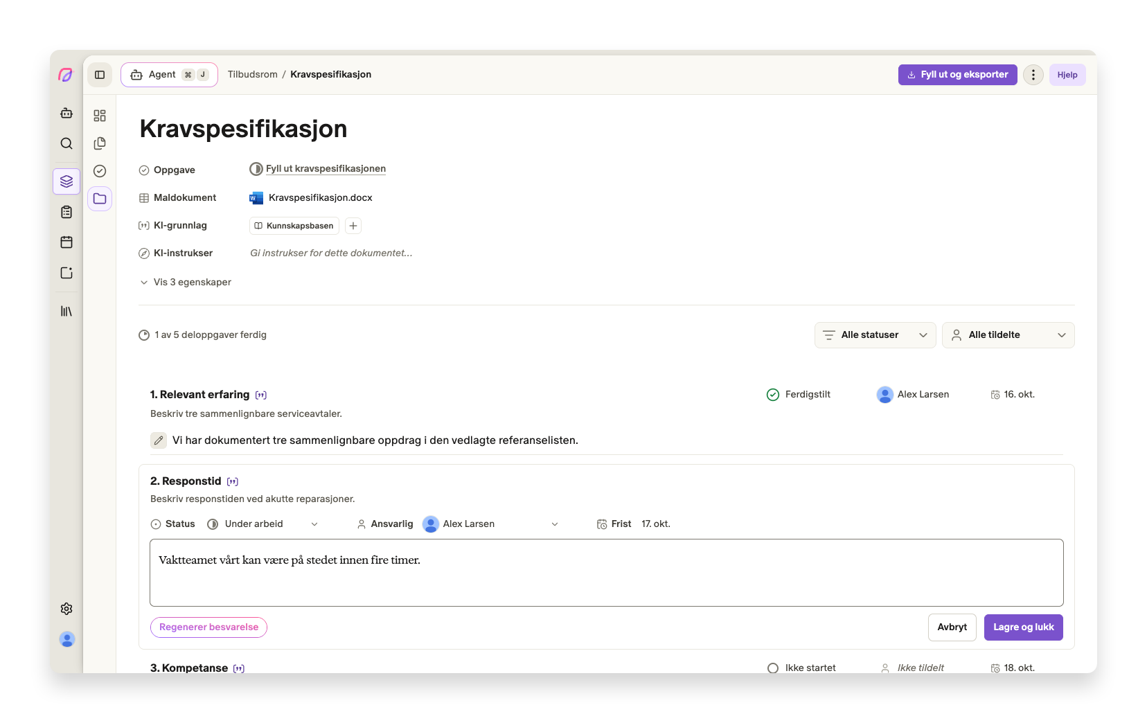 Tekstfelt i en utfyllingsmal med egen status, ansvarlig, frist og samlet fremdrift