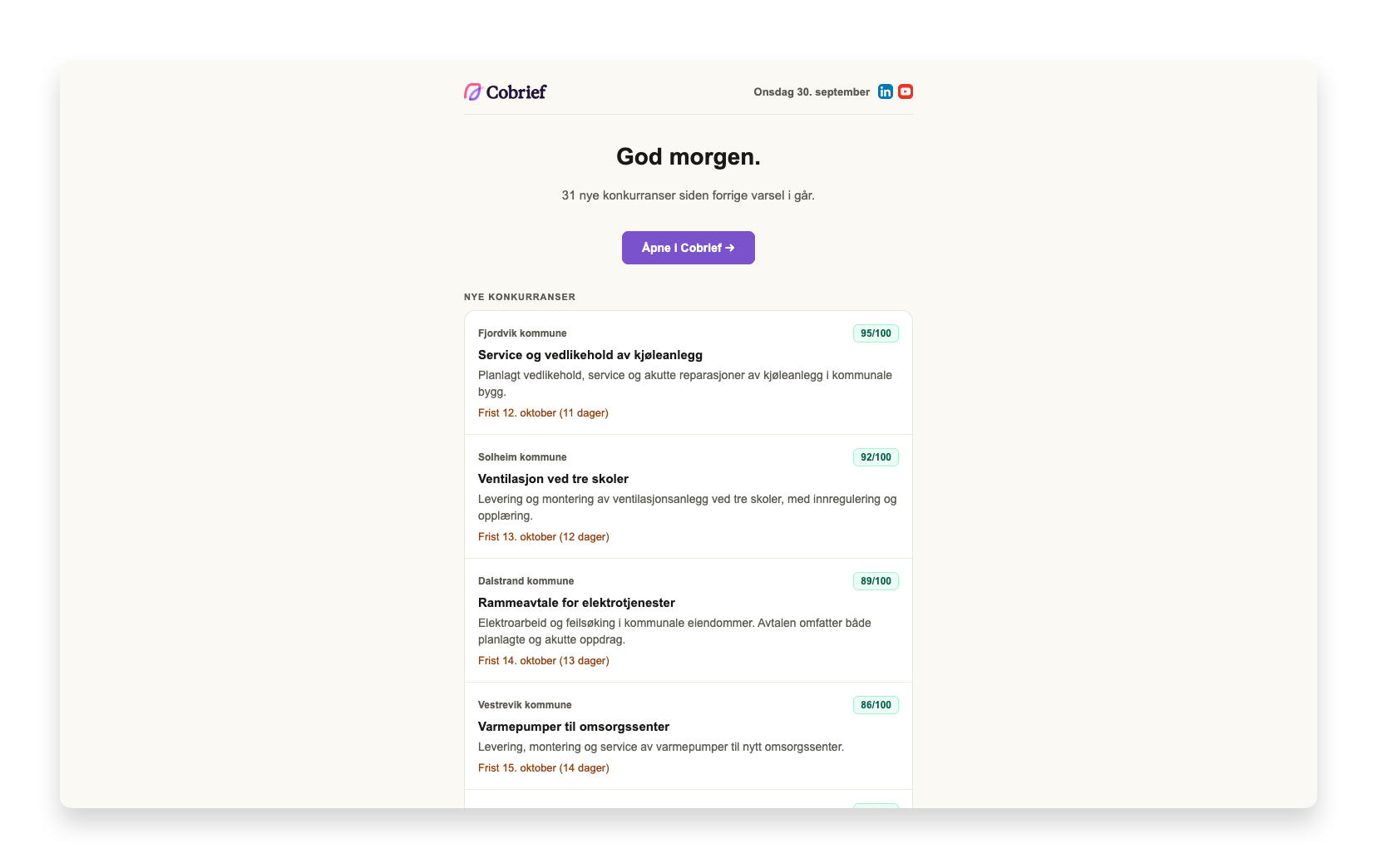 Morgenbrief med flere anbud i kompakte rader, med relevansepoeng og frister