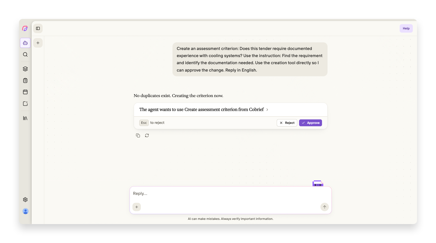The agent proposes a new assessment criterion and requests approval before saving it