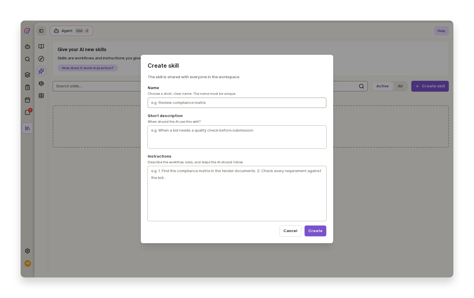 Créer une compétence dans Cobrief avec un nom, une brève description et des instructions